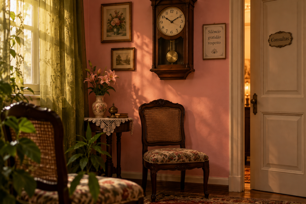 Ilustração da antessala da cartomante, com relógio de parede e cadeiras onde a menina esperava a avó durante as consultas.