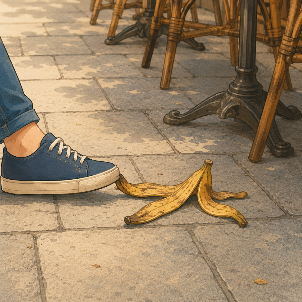 Casca de banana caída no chão junto aos pés de uma pessoa, representando o pequeno acontecimento cotidiano que despertou uma reflexão sobre os sinais e acasos da vida.