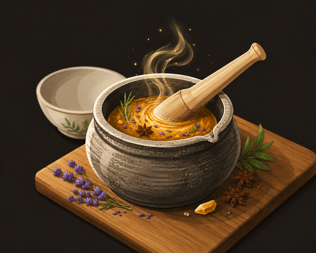 Cadinho com ingredientes sendo misturados, simbolizando a transformação das experiências da vida em aprendizado.