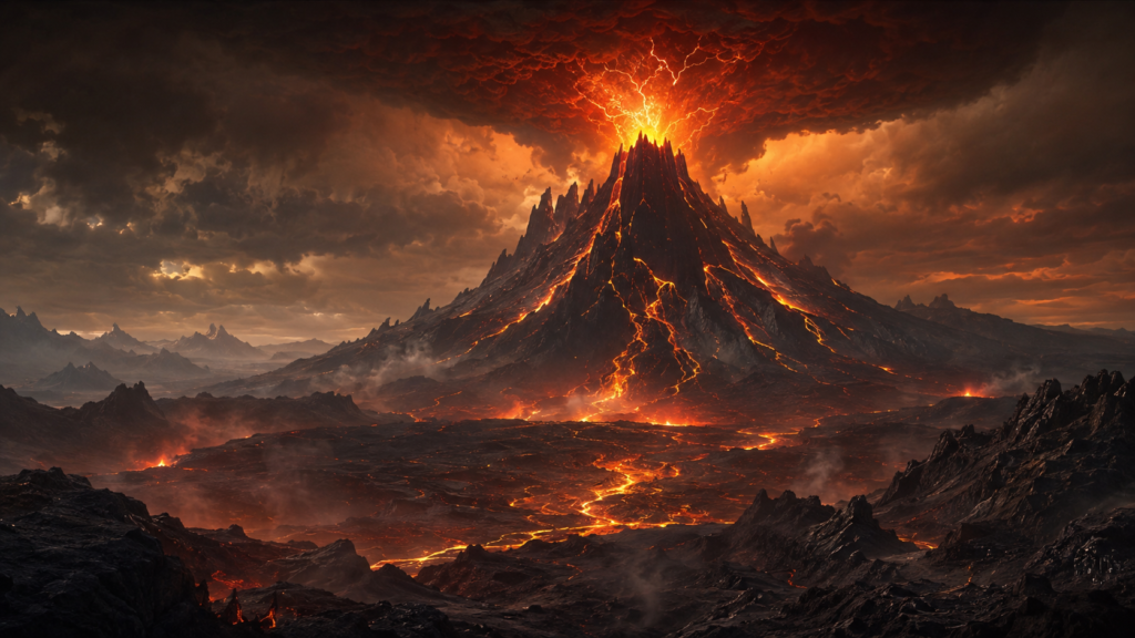 Ilustração de um vulcão em erupção, representando simbolicamente o fogo e as transformações vividas durante o climatério.