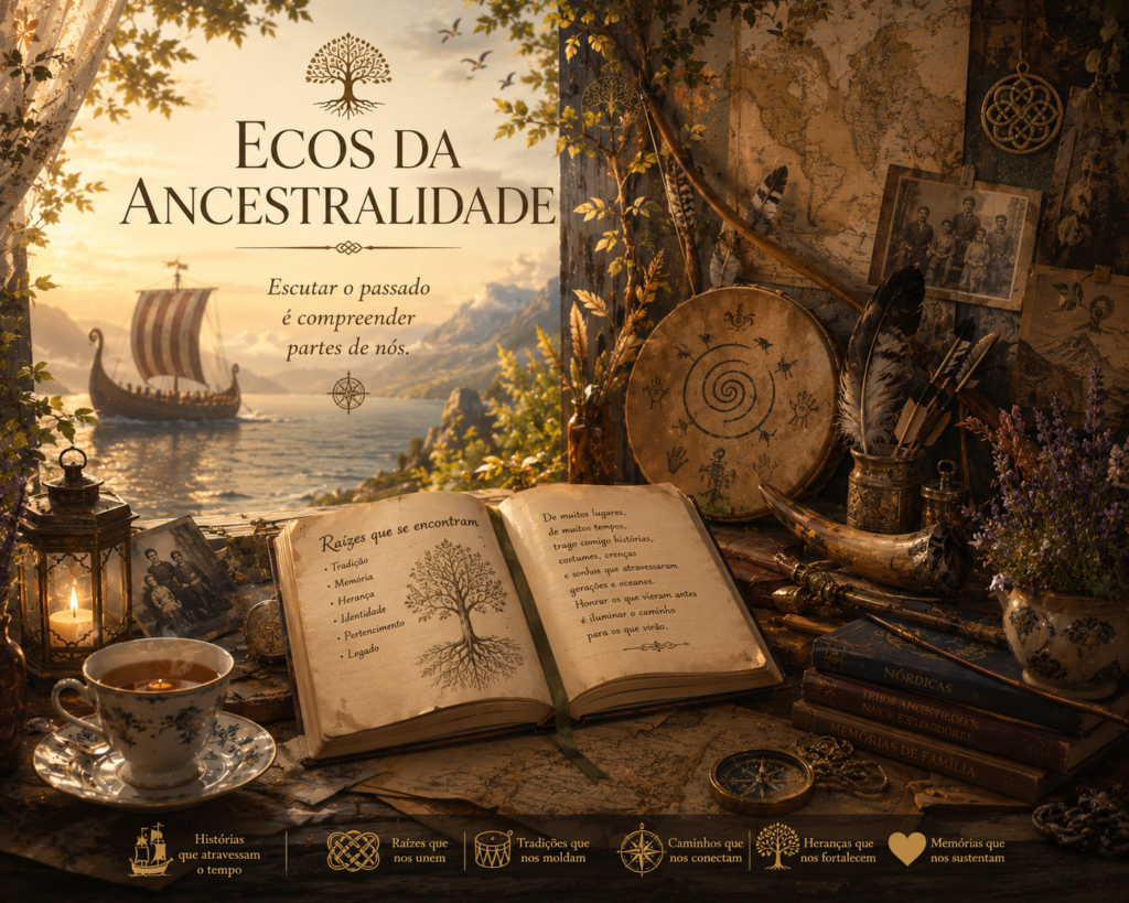 Ilustração em tons dourados de um livro aberto entre documentos antigos, com um navio ao fundo e elementos que simbolizam memória, história e ancestralidade.