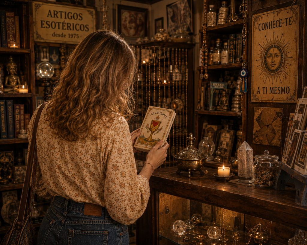 Uma moça vista de costas, segurando um livro de cartomancia diante do balcão de uma loja de artigos místicos.