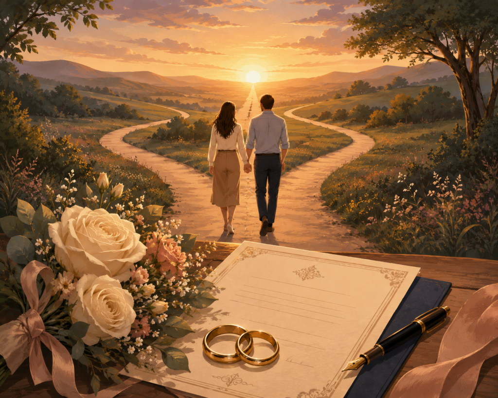 Casal caminha por uma estrada que se divide em dois caminhos, simbolizando prioridades diferentes dentro de uma vida construída a dois.