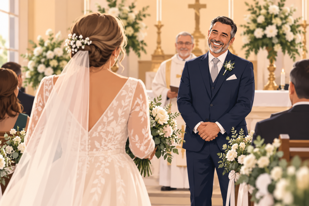 Noiva vista de costas diante do noivo durante uma cerimônia de casamento na igreja, com flores brancas ao redor do altar.