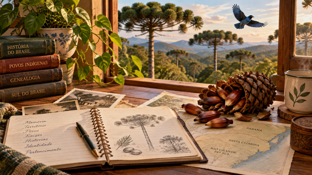 Livros, documentos e anotações sobre povos indígenas e genealogia diante de uma paisagem com araucárias, representando a pesquisa sobre os Kaingang no Sul do Brasil.