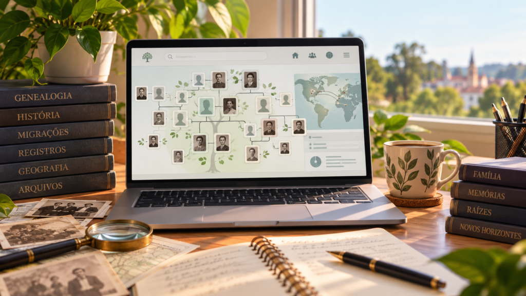 Computador exibindo uma árvore genealógica e um mapa, cercado por livros de genealogia, história e registros, representando a ampliação da pesquisa sobre os antepassados.