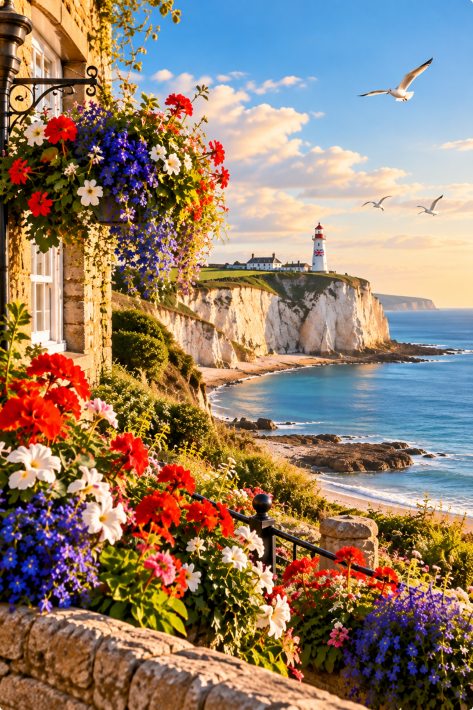 Paisagem da costa inglesa com falésias diante do mar, simbolizando uma nova fase da vida e a experiência da menopausa na Inglaterra.