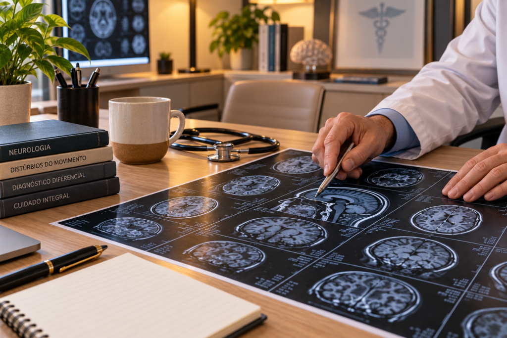 Médico neurologista aponta detalhes em imagens de exames do cérebro, espalhadas sobre a mesa de seu consultório. A ilustração representa a investigação neurológica que finalmente trouxe respostas sobre a saúde da mãe da Senhora do Cadinho.