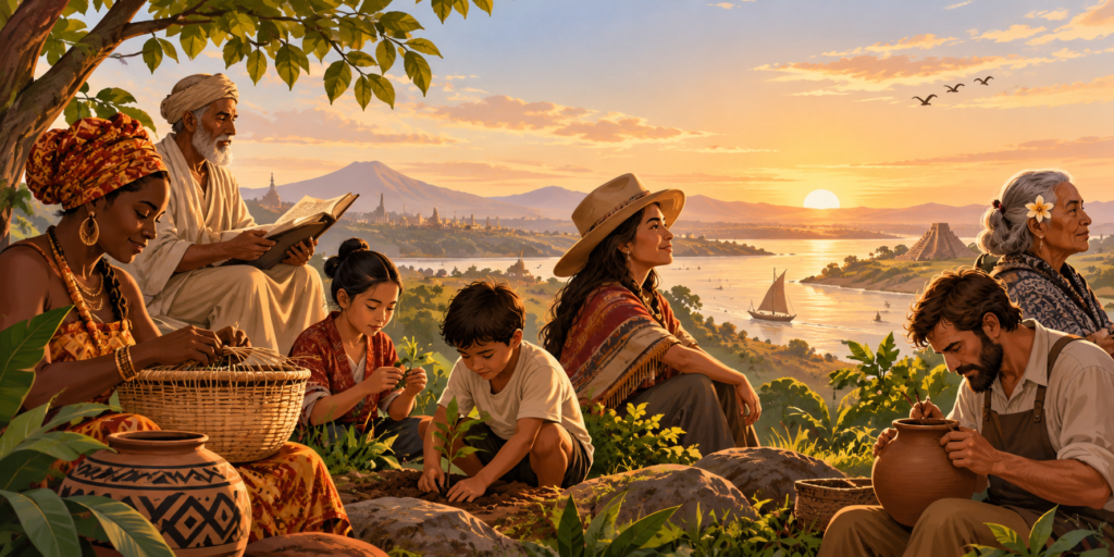 Ilustração de pessoas de diferentes povos e culturas reunidas em uma paisagem, representando a diversidade das origens e uma ancestralidade que ultrapassa fronteiras.