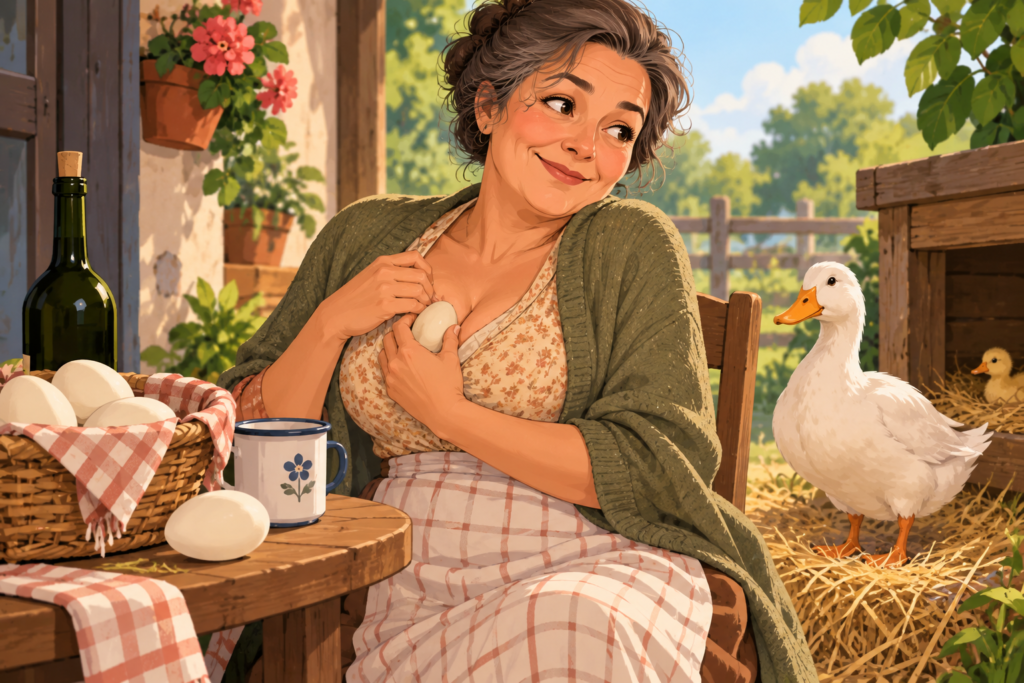 Mulher segurando um ovo junto ao peito, em uma cozinha rural, enquanto um pato e um filhote aparecem ao seu lado.