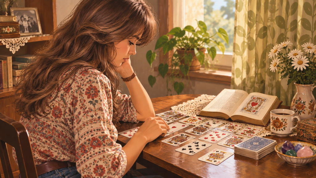 Jovem sentada à mesa observa atentamente cartas abertas diante de si, enquanto aprende a interpretar seus significados.
