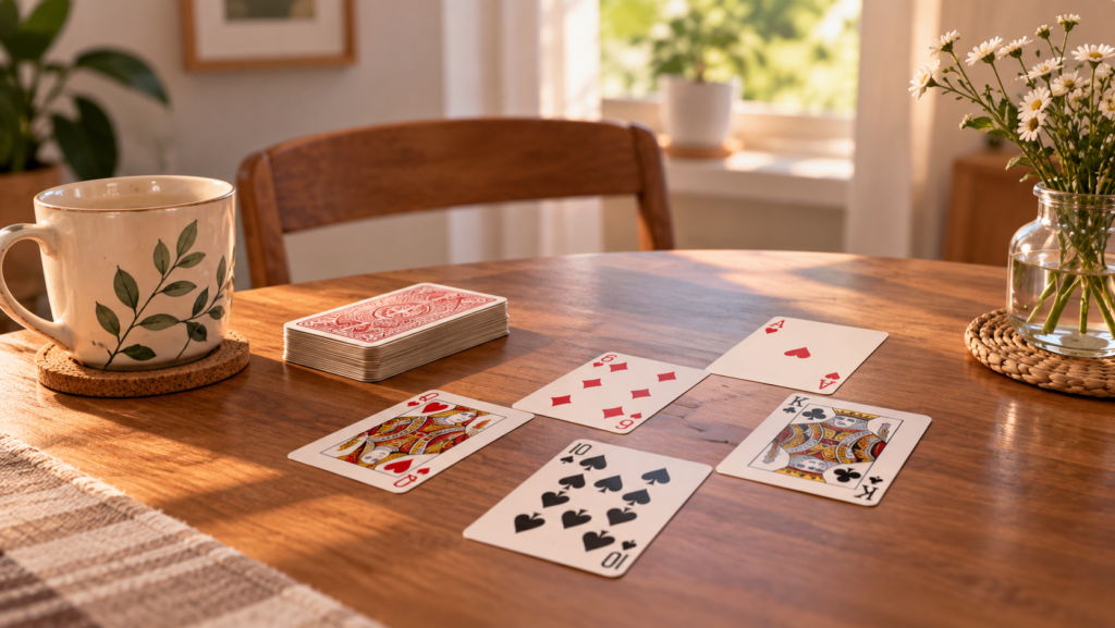 Cartas de baralho dispostas sobre uma mesa para uma leitura de cartomancia, com um baralho e uma xícara ao lado.