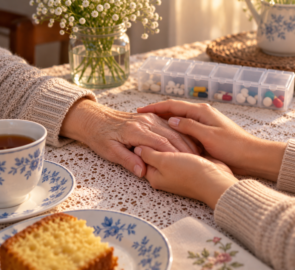 As mãos da Senhora do Cadinho envolvem carinhosamente as mãos envelhecidas de sua mãe, sobre uma mesa coberta por uma toalha de renda. A cena simboliza a inversão dos cuidados entre mãe e filha, quando aquela que antes era cuidada passa a cuidar de quem sempre cuidou dela.