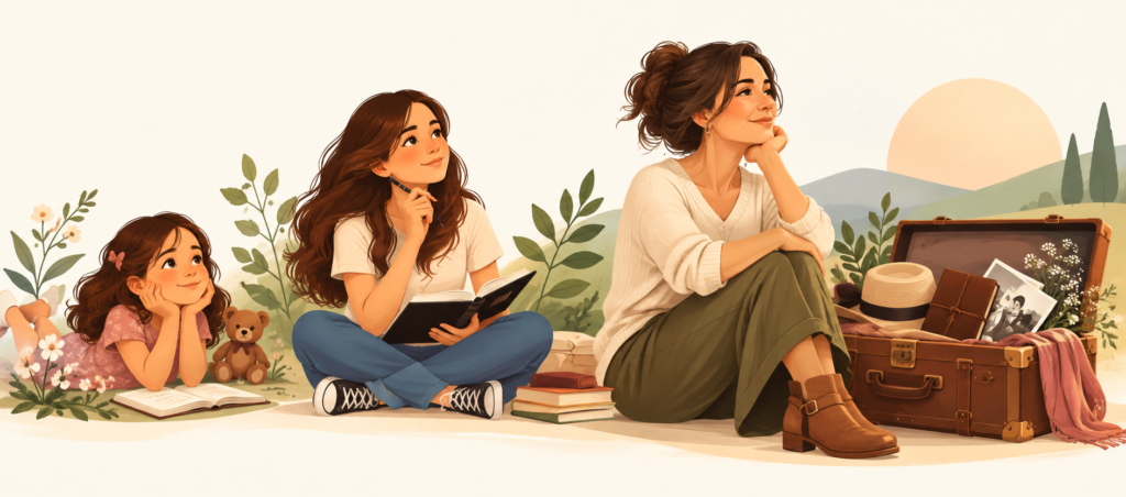 Ilustração de uma mulher em diferentes fases da vida, da infância à maturidade, cercada por livros, plantas e lembranças.