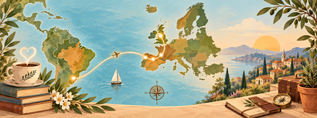 Ilustração de um mapa ligando o Brasil à Europa, simbolizando os caminhos, mudanças e transformações vividos ao longo da maturidade.