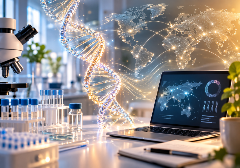 Laboratório com tubos de ensaio, representação do DNA e tela com dados científicos, simbolizando a pesquisa genética e as perguntas sobre ancestralidade.