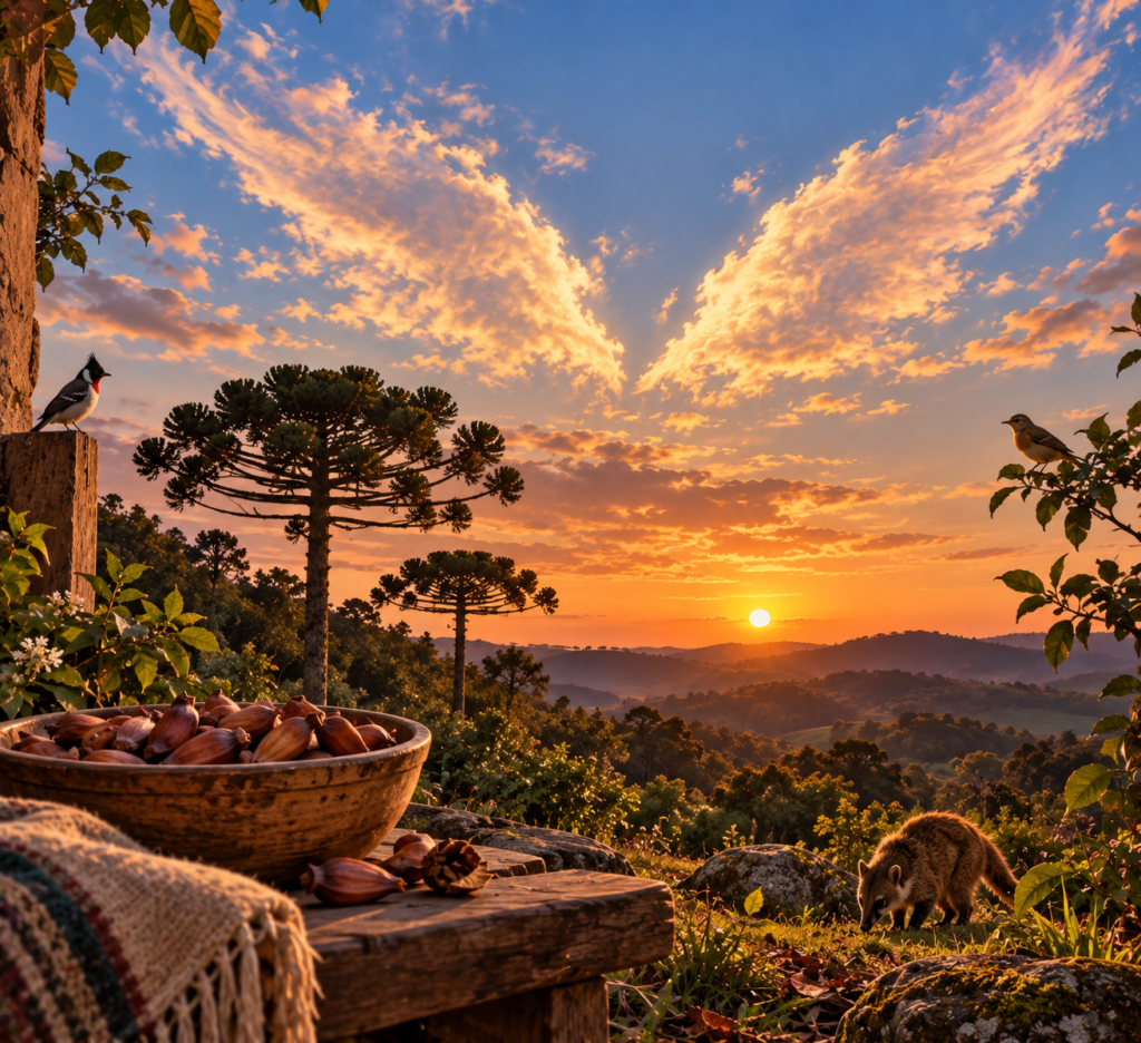 Céu alaranjado ao entardecer, com nuvens que lembram duas grandes asas abertas sobre uma paisagem de araucárias. A cena representa o momento em que a Senhora do Cadinho contemplou o céu e se lembrou de sua bisavó materna, refletindo sobre os laços afetivos que ultrapassam os percentuais de um exame de DNA.