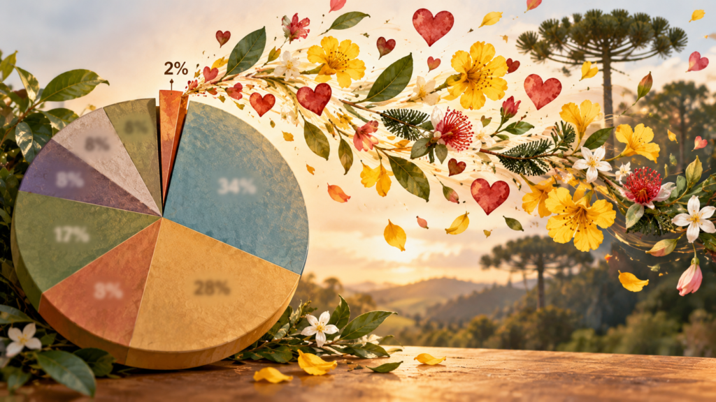 Gráfico com uma pequena parcela de 2% da qual surgem flores e corações, simbolizando o valor afetivo da ancestralidade que nenhuma porcentagem consegue medir.