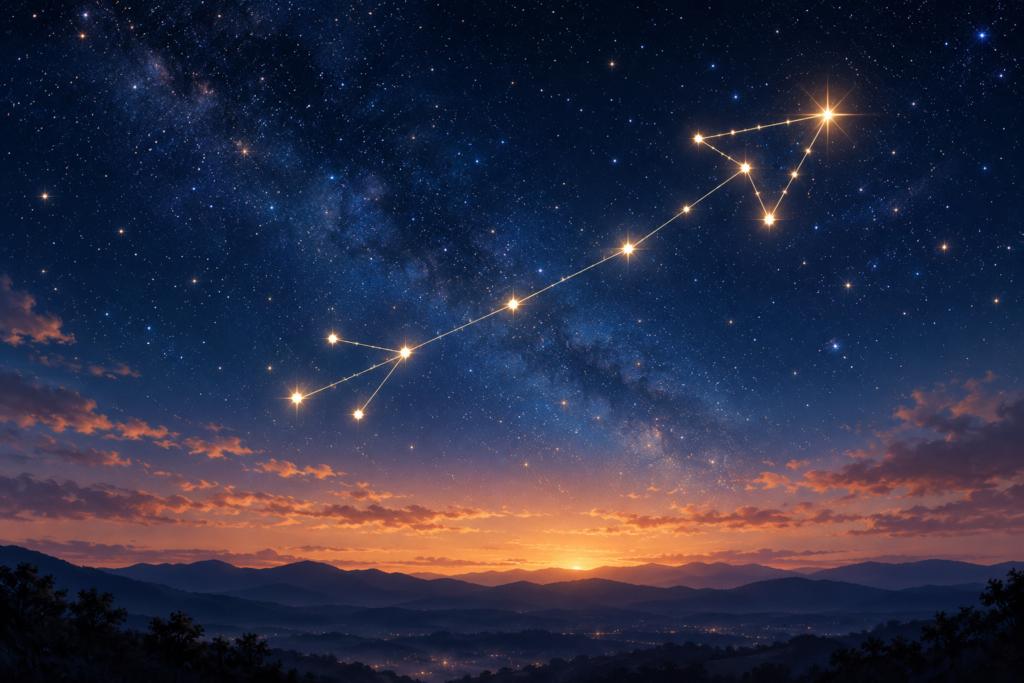 Céu estrelado com pontos de luz formando um caminho ascendente em direção a uma estrela brilhante.