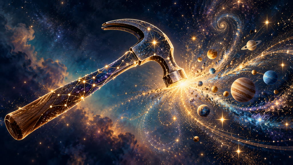 Martelo imaginário em meio a estrelas, galáxias e planetas, simbolizando a ideia de uma carpinteira do universo ajustando acontecimentos e coincidências da vida.