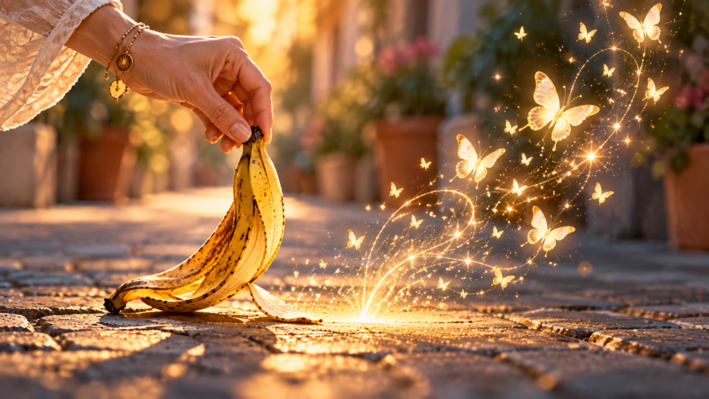 Mão recolhendo uma casca de banana do chão enquanto luzes e borboletas douradas surgem ao redor, simbolizando como um acontecimento cotidiano pode ganhar um significado inesperado.