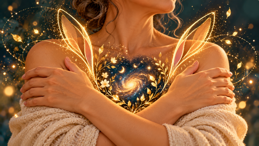 Mulher madura abraçando a si mesma, envolvida por formas de coelho, flores e luzes douradas, simbolizando a fertilidade como capacidade de continuar gerando vida, ideias e novos projetos em nós mesmas.
