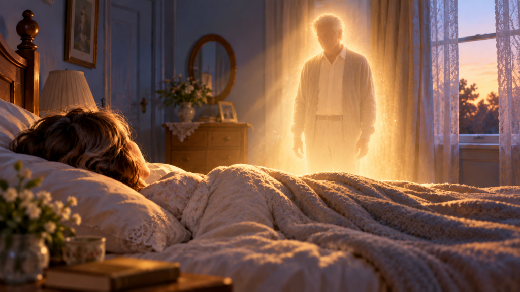 Mulher deitada na cama enquanto uma figura masculina luminosa aparece ao lado, em um quarto iluminado pela luz da manhã.