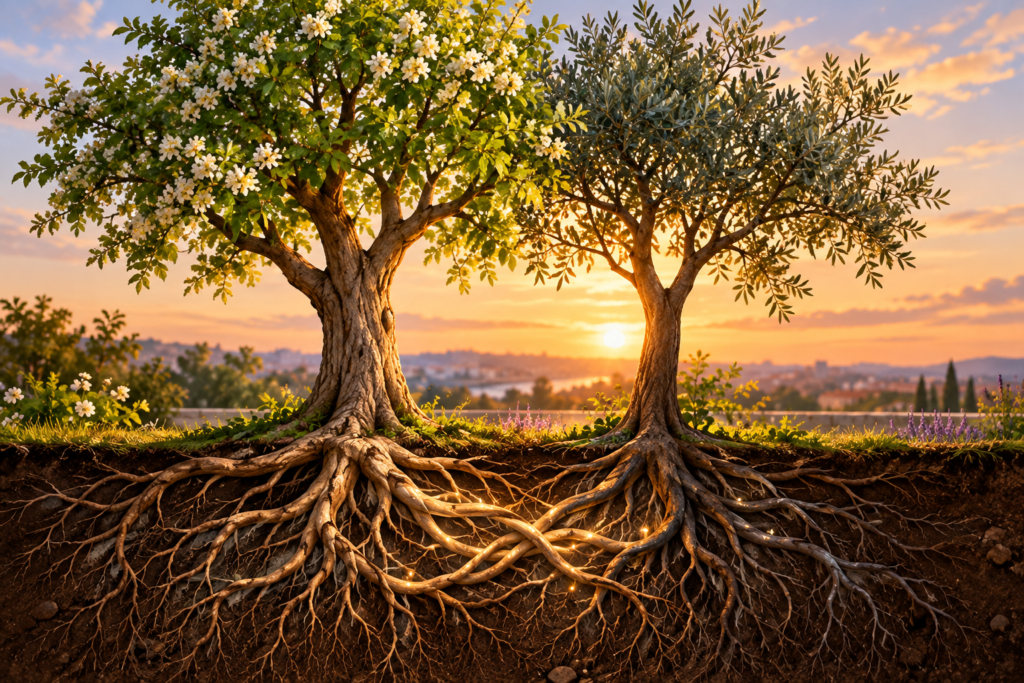 Dois pés de oliveira lado a lado, com raízes que se encontram sob a terra, simbolizando a união de duas pessoas que preservam sua individualidade ao construir uma vida a dois.