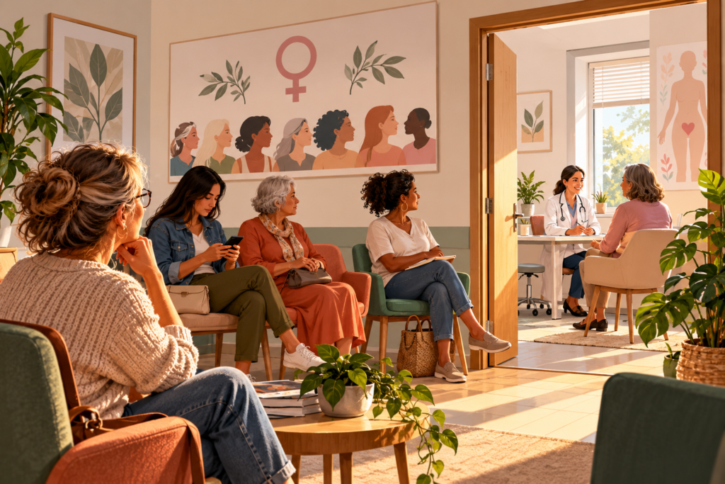 Mulheres de diferentes idades aguardam atendimento em um ambiente acolhedor de cuidados com a saúde.