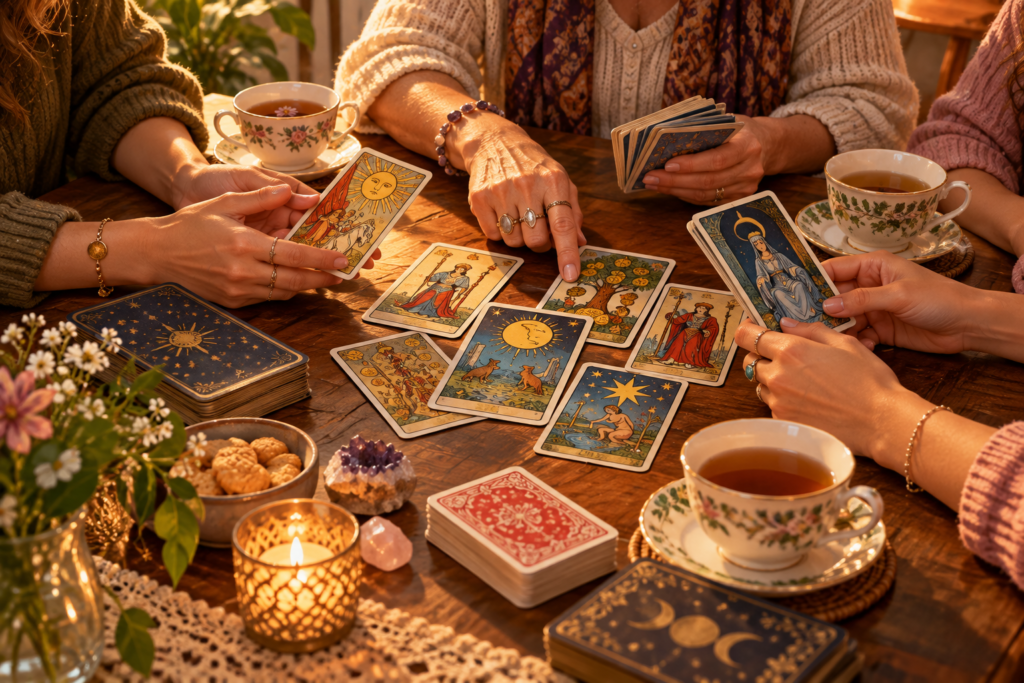 Mulheres reunidas à mesa com cartas de tarô, chá e pequenos objetos, compartilhando a leitura das cartas em um ambiente acolhedor.