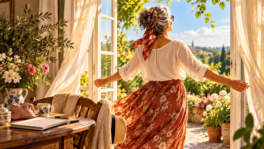 Mulher madura de costas diante de portas abertas para um jardim, sentindo a brisa e a luz, simbolizando a liberdade inesperada vivida após a menopausa.
