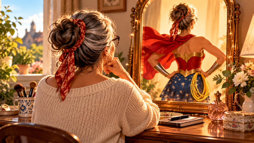 Mulher madura de costas diante do espelho, onde se vê como uma super-heroína com capa e laço dourado, simbolizando com humor os superpoderes que a menopausa não trouxe.