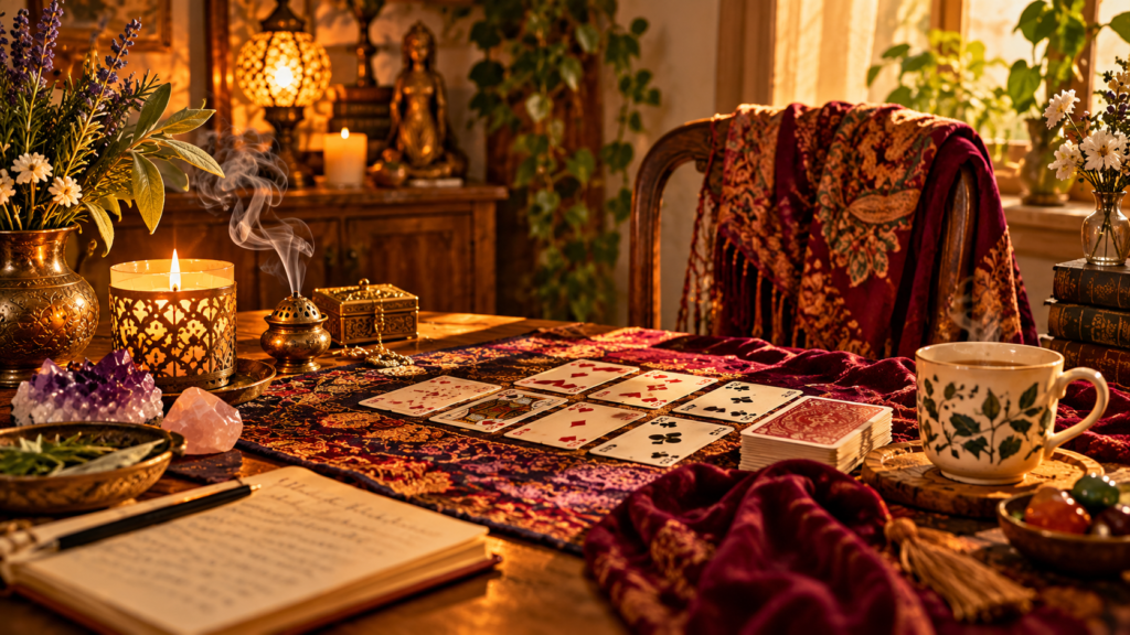 Mesa preparada para uma leitura de cartomancia, com cartas de baralho, vela, incenso, cristais e outros elementos usados na preparação do ambiente.