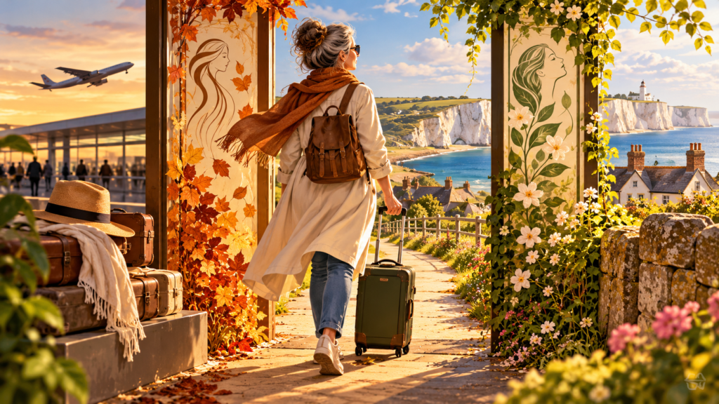 Mulher madura com uma mala atravessando uma passagem entre uma viagem e a paisagem inglesa, simbolizando a mudança de país e a transição para a menopausa.